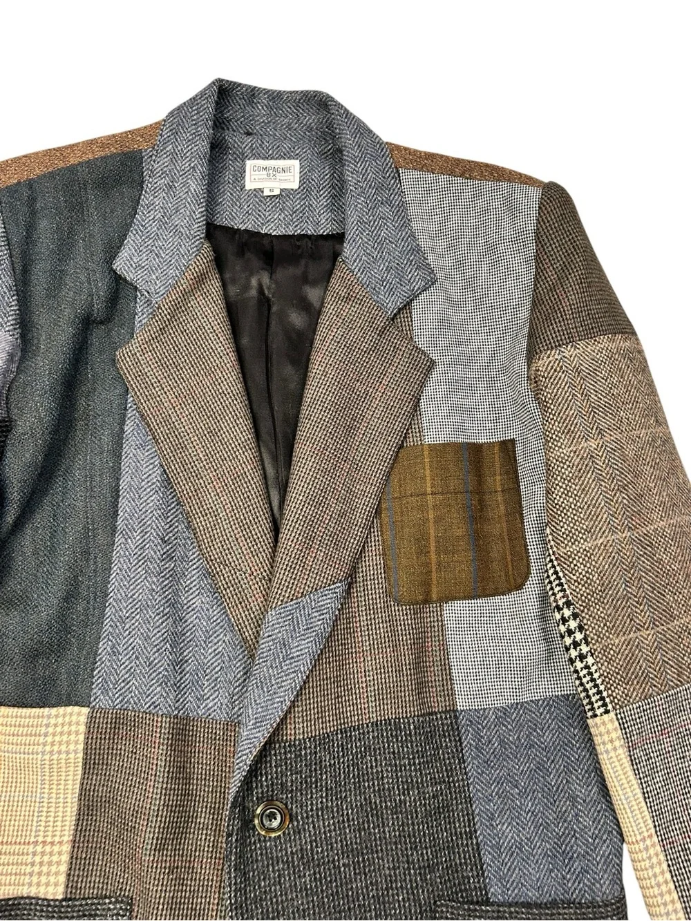 Compagnie BX Patchwork Tweed Blazer  Wool Blend Herringbone Plaid Men  S VTG 90s